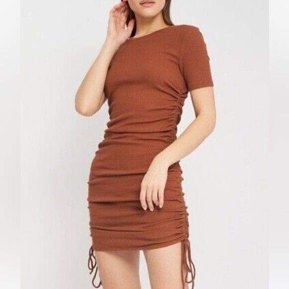 Zara Dresses & Skirts - Zara Ruched Ribbed Mini Dress Brown Worn Once